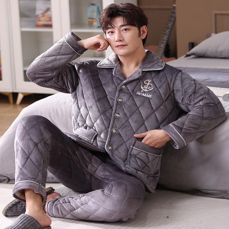 Men's Pajamas Winter Thickened Velvet Padded Three-Layer Quilted Coral Fleece Flannel Autumn Winter Warm Loungewear Suit