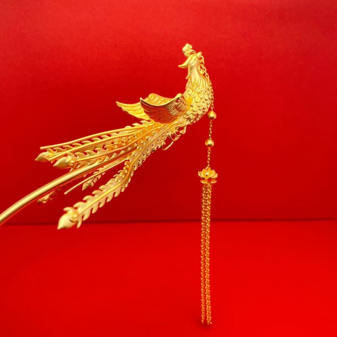 结婚三金古法足金999凤钗发簪凤冠婚庆嫁娶精工錾刻流苏黄金首饰