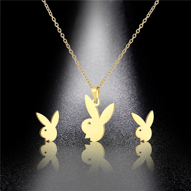 Simple Cartoon Rabbit Pendant Clavicle Chain Stainless Steel Creative Animal Avatar Rabbit Necklace Ear Stud Accessories Set