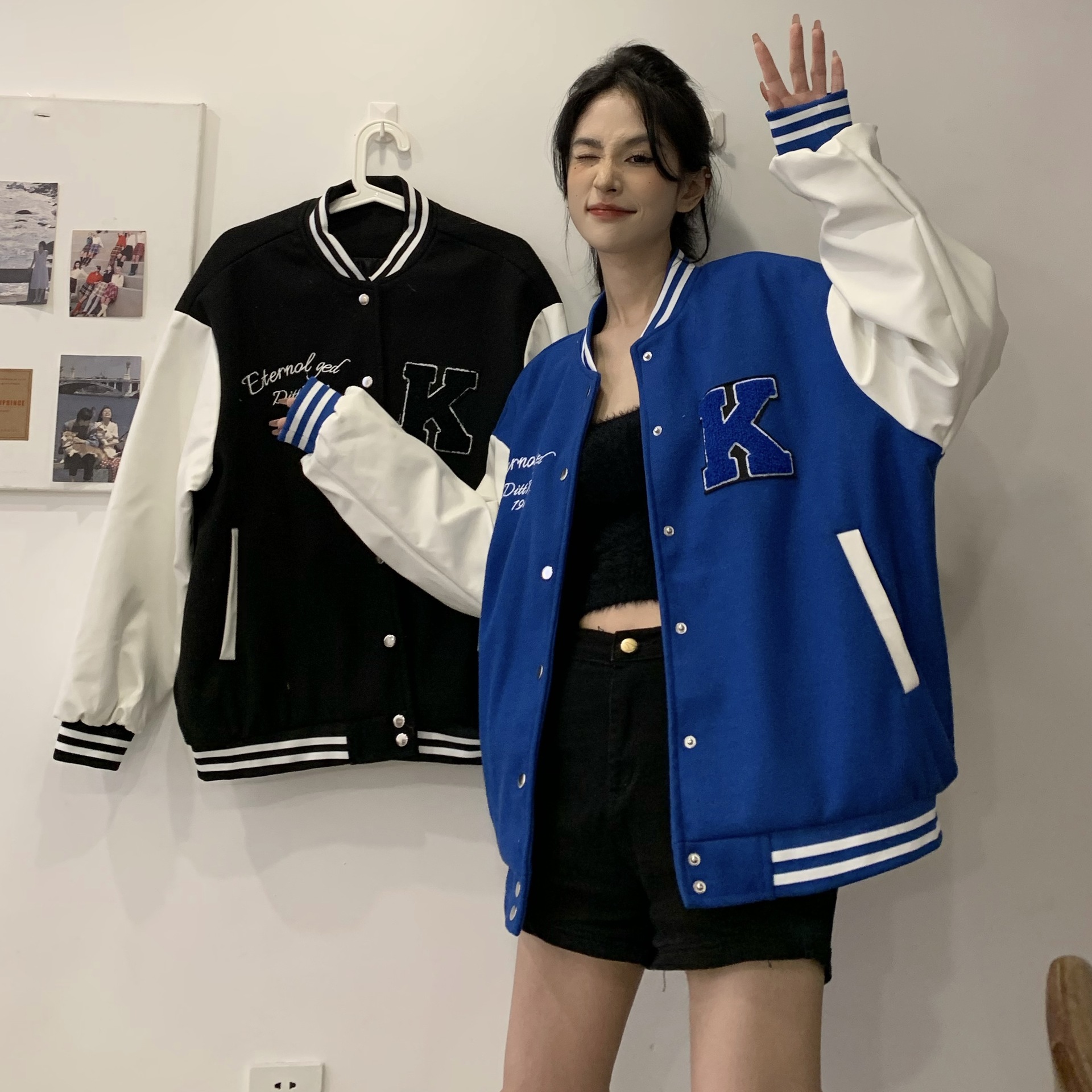 克莱因蓝棒球服oversize春秋美式欧美vibe复古高街外套女情侣夹克