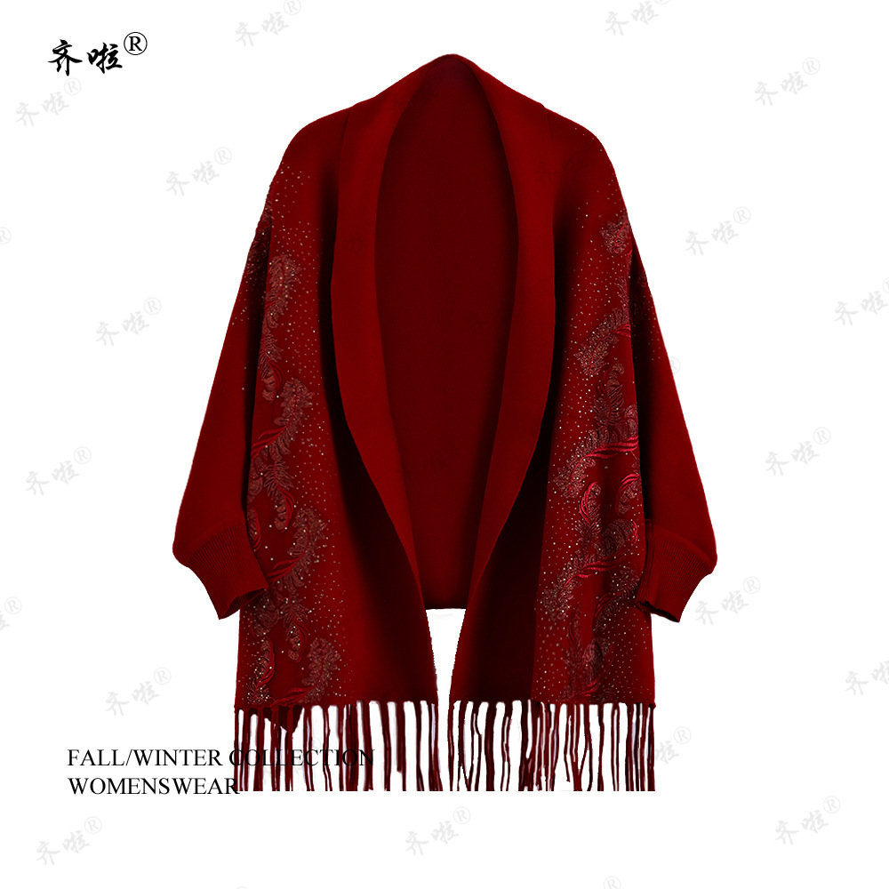 新款喜婆婆搭旗袍披肩秋冬婚宴妈妈礼服红色喜庆刺绣高端披风外套