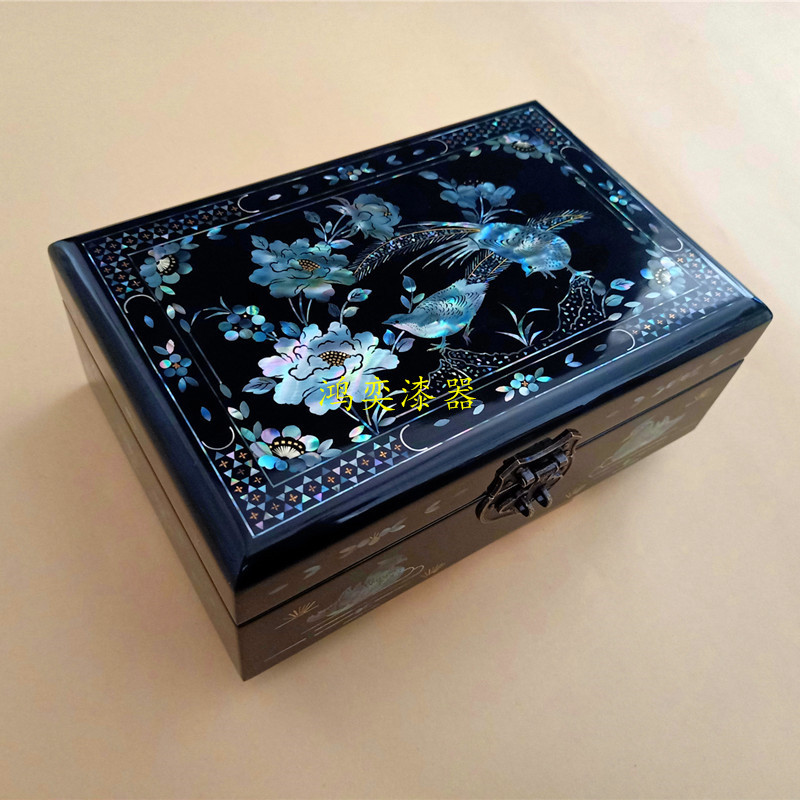 多彩螺钿漆器首饰盒木质贝壳镶嵌鸳鸯戏水婚庆礼盒手工螺钿饰品盒