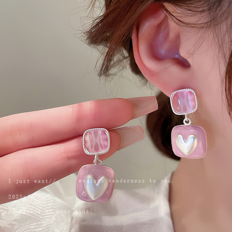 Silver Needle Pink Girl's Heart Pleated Love Heart Flowers Opal Pearl Earrings Fashion Earrings High-Grade Earrings