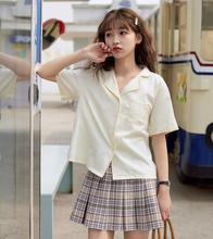 2023夏季韩版复古明线西装领短袖衬衣女小个子纯色短款衬衫上衣