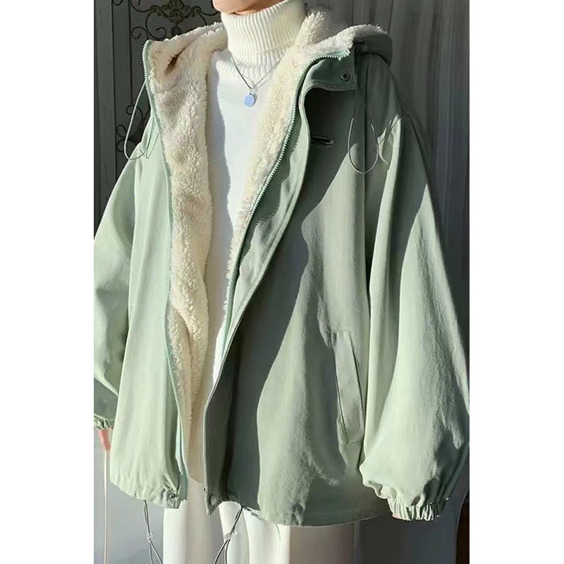 大码羊羔毛外套女冬季新款韩版小众加厚加绒棉服胖m宽松棉衣ins潮