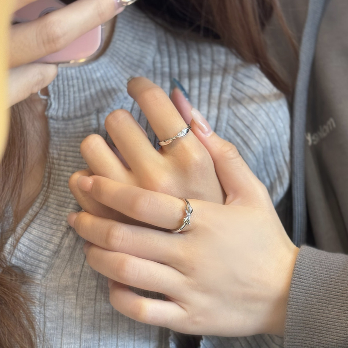 蝴蝶结戒指女简约小众设计感几何线条食指戒甜美小清新素圈指环