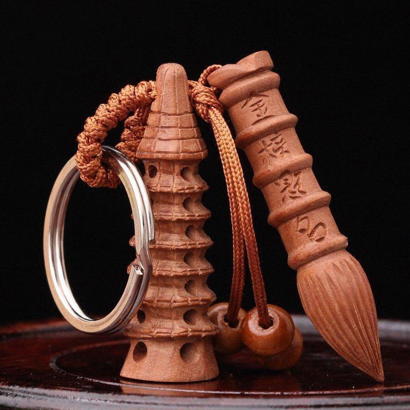 钥匙链扣定制木雕桃木挂件文昌塔钥匙扣 创意文昌星挂件 随身书房