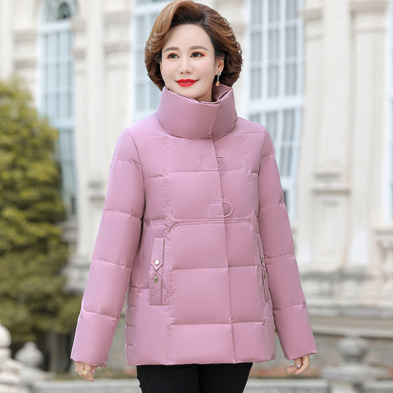 中年妈妈冬季短款白鸭绒休闲羽绒服中老年女装时尚立领厚保暖外套