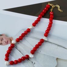 民族风国潮彩石红色串珠项链女简约时尚个性手工编织项链
