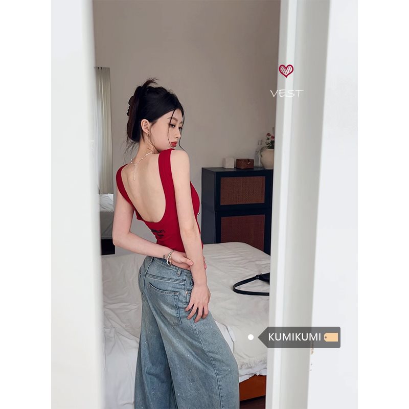 港味复古红色吊带背心女夏季辣妹外穿显瘦辣妹露背设计感小众上衣