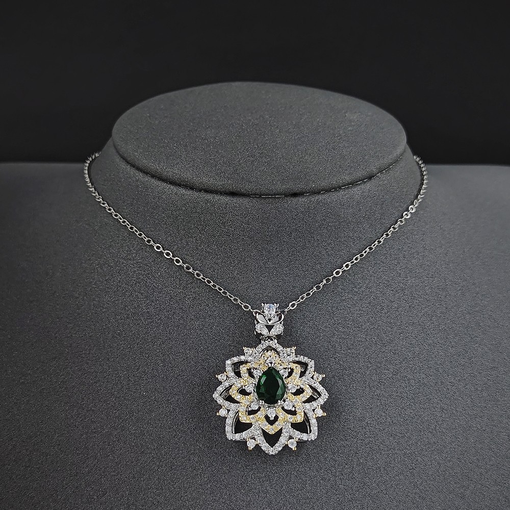 欧美跨境新款蕾丝花边双色祖母绿吊坠项链女奢华微镶女x6867-阿里巴巴
