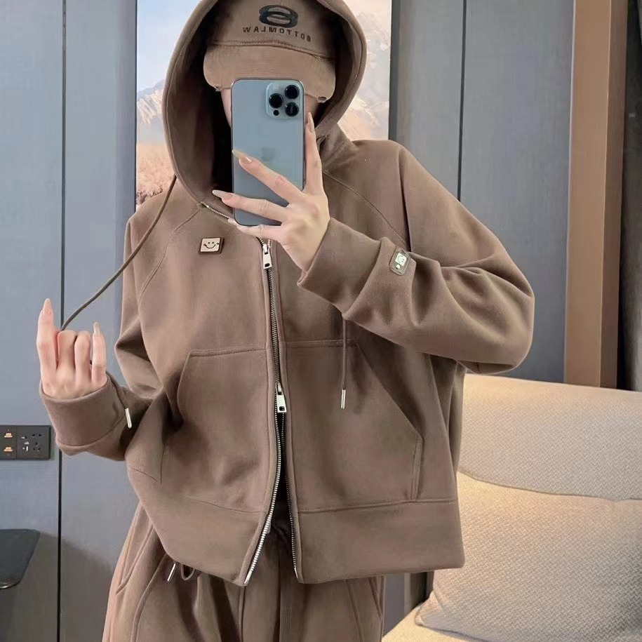 外单美式休闲运动帽衫女春秋新款时尚洋气双拉链订标宽松连帽卫衣