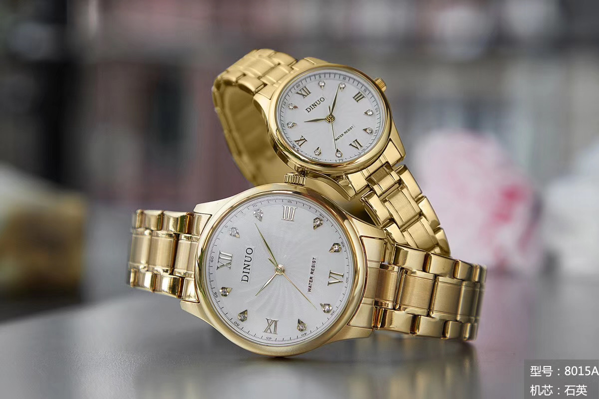 dinuo新款手表跨境钢带谛诺男女士手表双日历石英腕表情侣表8015a