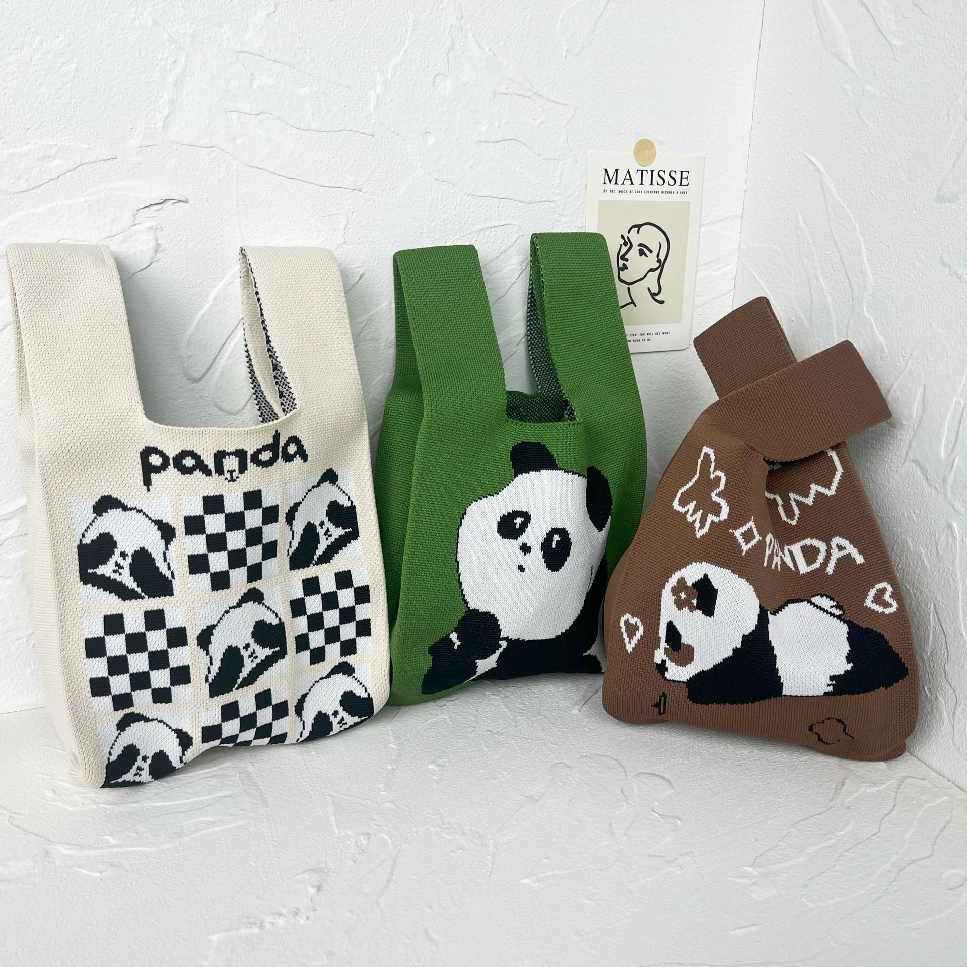 high-grade ins panda knitted bag women‘s handbag small square bag outdoor all-matching polyester knit handbag bag