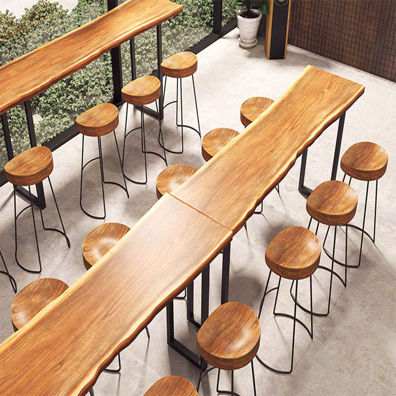 实木长条吧台桌 北欧咖啡厅奶茶店原木色靠墙高脚吧台桌椅