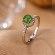 壹鹿银S925纯银和田玉碧玉小众设计圆珠简约气质戒指时尚优雅指环