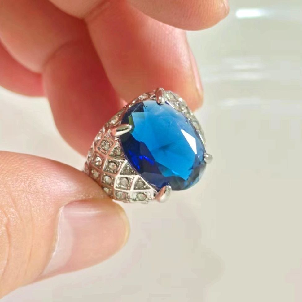 潮男开口肥长方蓝宝石戒指大气个性时尚满钻群镶锆石深蓝坦桑石戒