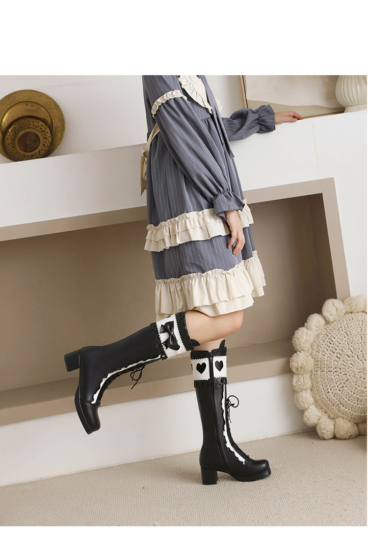 2021洛丽塔公主甜美女靴蝴蝶结水台粗跟中跟高筒靴大小码新款靴子