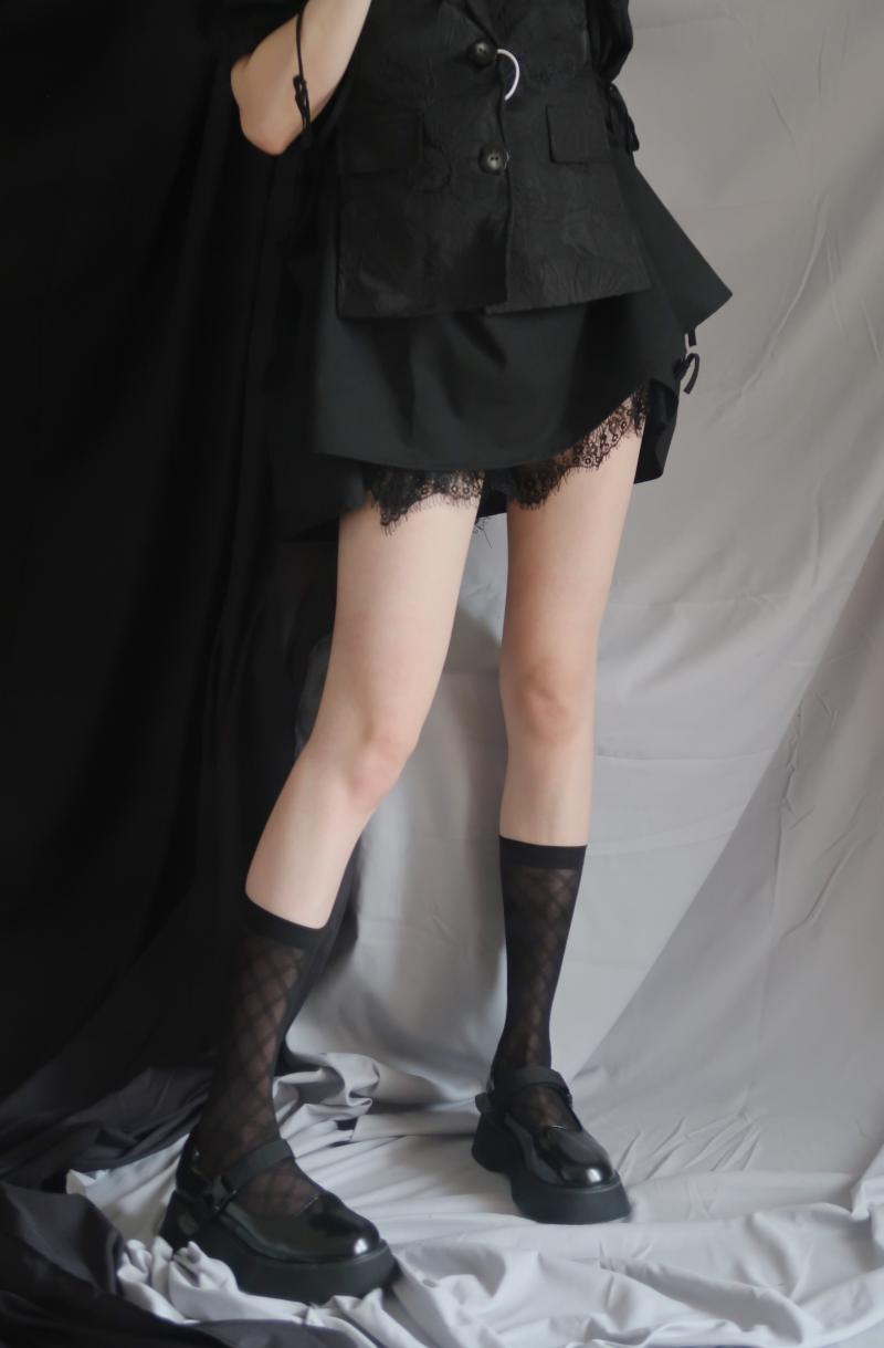 陆甜茶 暗黑女孩 暗纹网格小腿袜菱形格丝袜短袜jk中筒袜shuiii