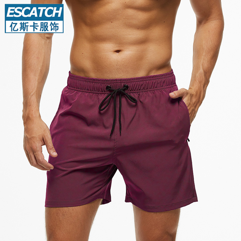 Escatch Men's Solid Color Four-Point Casual Shorts Pocket Zipper Beach Pants Full Elastic Force Sports Shorts