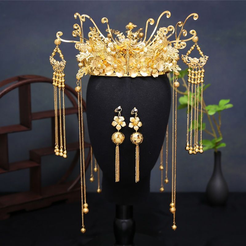 新款秀禾头饰新娘中式古装金色凤冠长流苏大气婚礼龙凤褂古风头饰