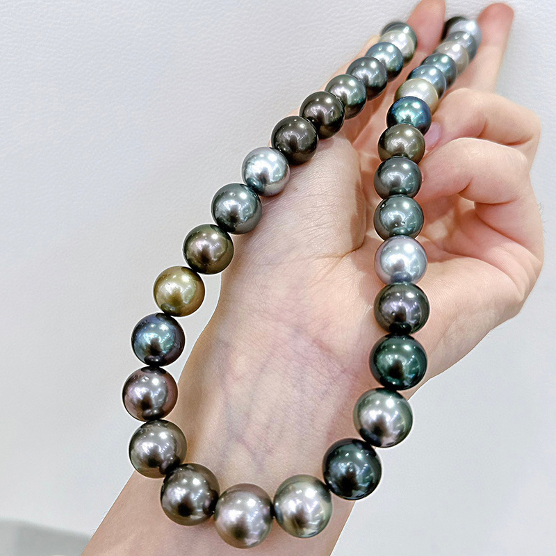 天然海水原色大溪地混彩珍珠项链11-15mm孔雀绿炫紫正圆强光微瑕