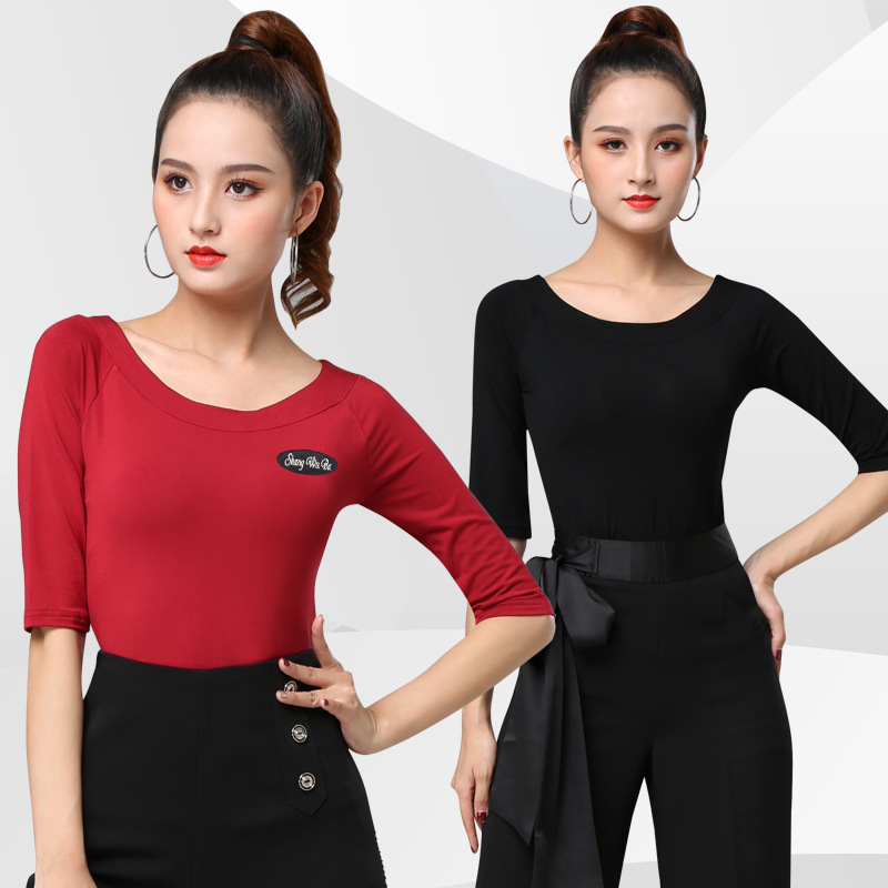 拉丁舞练功服上衣女新款摩登国标华尔兹圆领跳舞衣交谊舞舞蹈服装