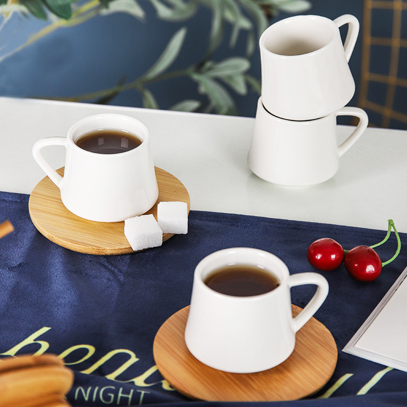 Processing Customized Simple White Porcelain Afternoon Tea Set Ceramic Cup 6-Piece Set with Wooden Frame Coffee Set Cup Set