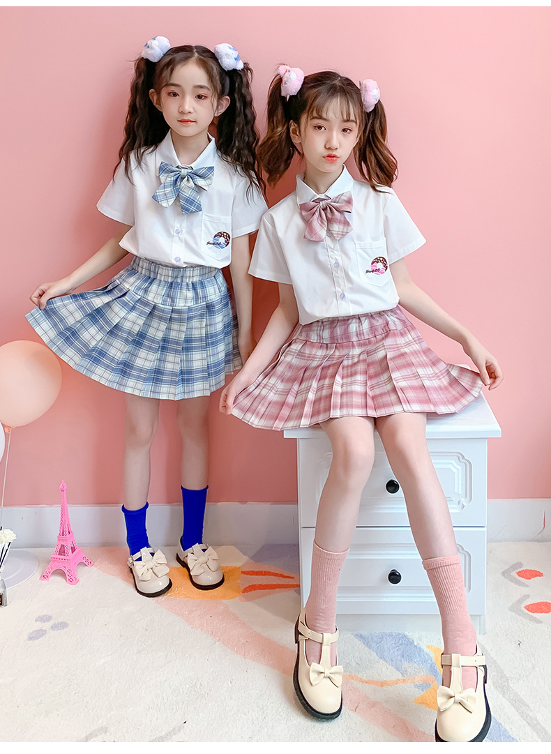 儿童学生夏装aj套装女童学院风格子裙裤两件套女孩闺蜜制服表演服