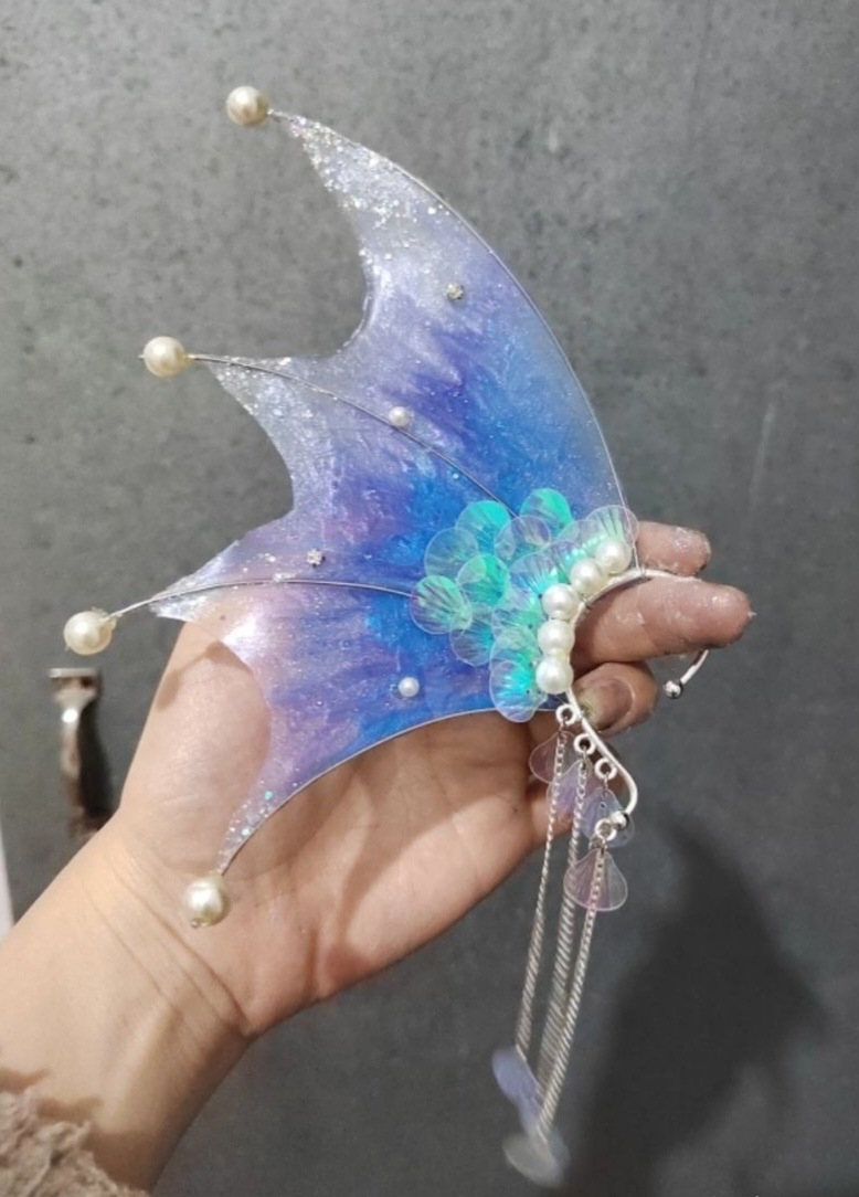 人鱼耳朵搭配头饰珍珠姬耳饰彩绘装饰挂汉服配饰锦鲤边夹发夹直播