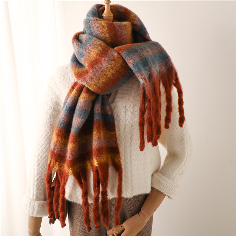 thick silk striped scarf cashmere-like winter new warm long fringe bib scarf men‘s and women‘s scarf student shawl