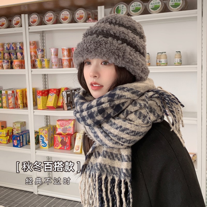 Plaid Scarf Women's Winter 2023 New Korean Style Houndstooth Scarf Cashmere-like Warm Tassel Shawl Thickened Fashion