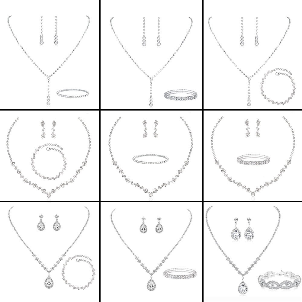 Bridesmaid Dance Costume Rhinestone Jewelry Set Bridal Wedding Metal Zircon Water Drop Wave Necklace Earrings Bracelet