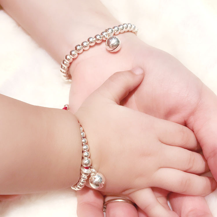 s990纯银宝宝手链圆珠编织儿童手绳亲子款转运珠足银手串满月送礼