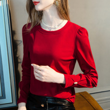 2023女装新款长袖t恤女圆领纯色新年红体恤泡泡袖设计1688上衣女