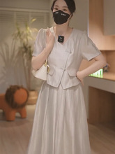 2024夏季新中式国风气质显瘦时尚减龄泡泡袖衬衫+半身裙两件套女