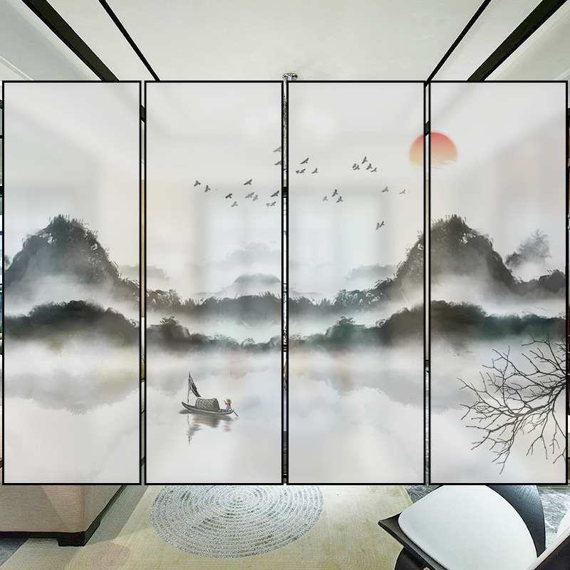 艺术玻璃电视背景墙酒店山水画屏风玻璃隔断夹丝玻璃屏风隔断玻璃