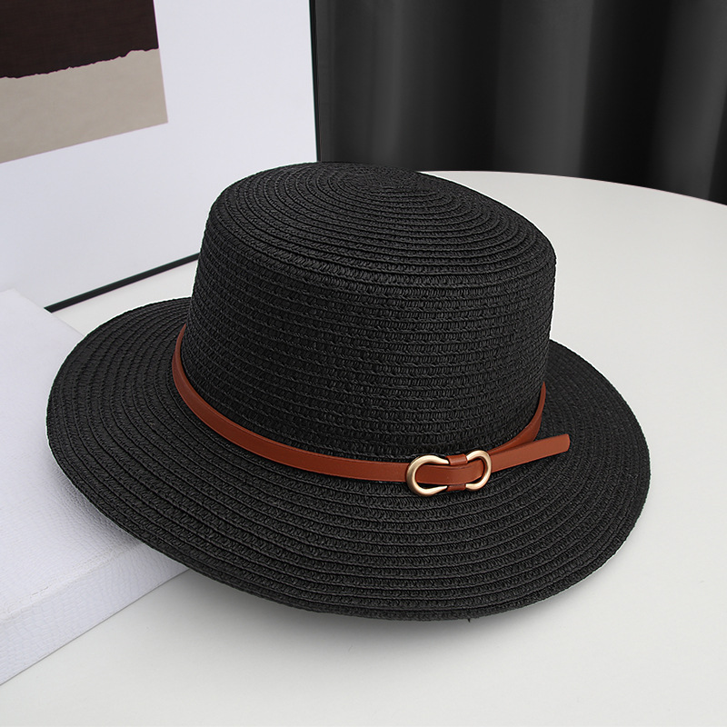 British Style Flat Straw Hat Women's Summer Straw Sun Shade Top Hat Belt Buckle Vacation Seaside Beach Sun Protection Sun Hat