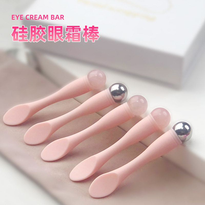 Silicone Handle Jade Eye Cream Stick Skin Care Cream Spoon Massage Stick Digging Cosmetics Stainless Steel Bead Eye Cream Spoon in Stock