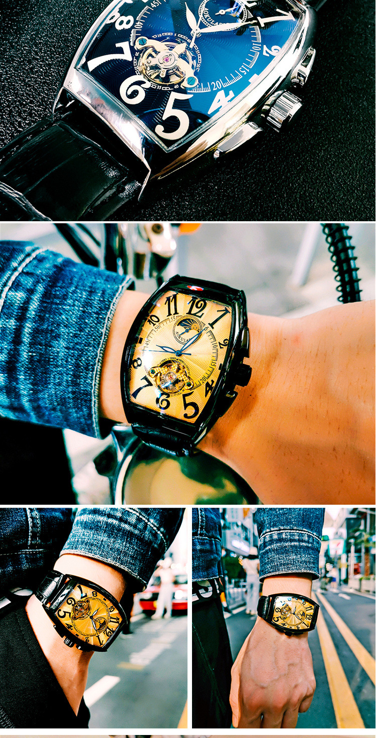 酒桶形手表男防水真皮个性全自动机械表男表夜光日月星辰男士腕表