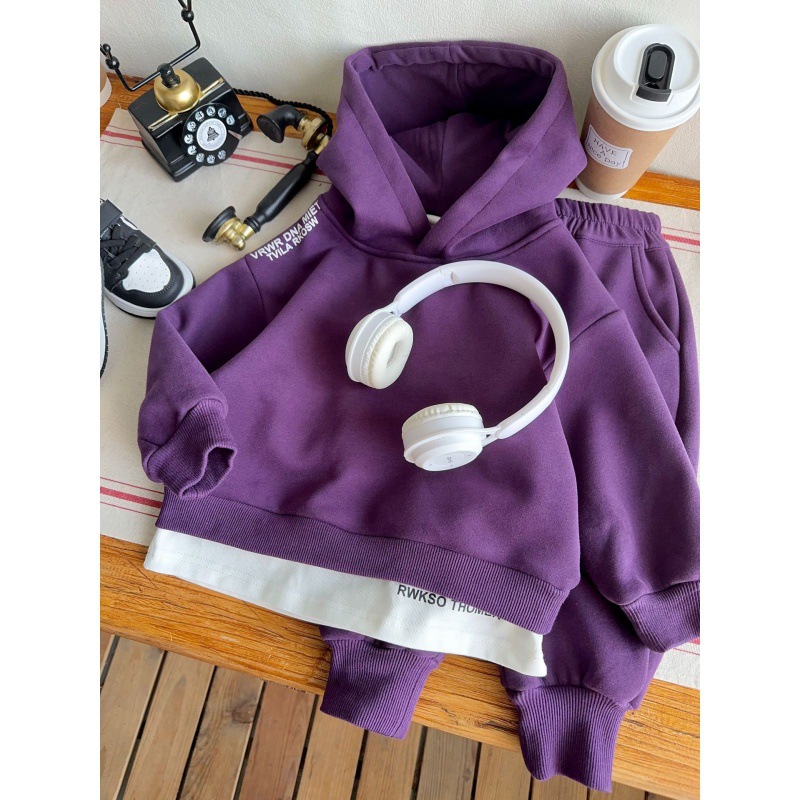 童装2023冬款洋气儿童紫色假两件套装双面绒男童加绒套装纯色休闲