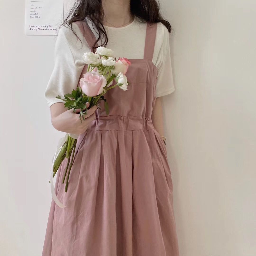 学院风款森系甜美背带连衣裙韩版女学生可爱中长款两件套