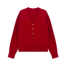 好穿实用羊磨绒法式羊毛金扣开衫毛衣秋季显瘦复古红针织衫
