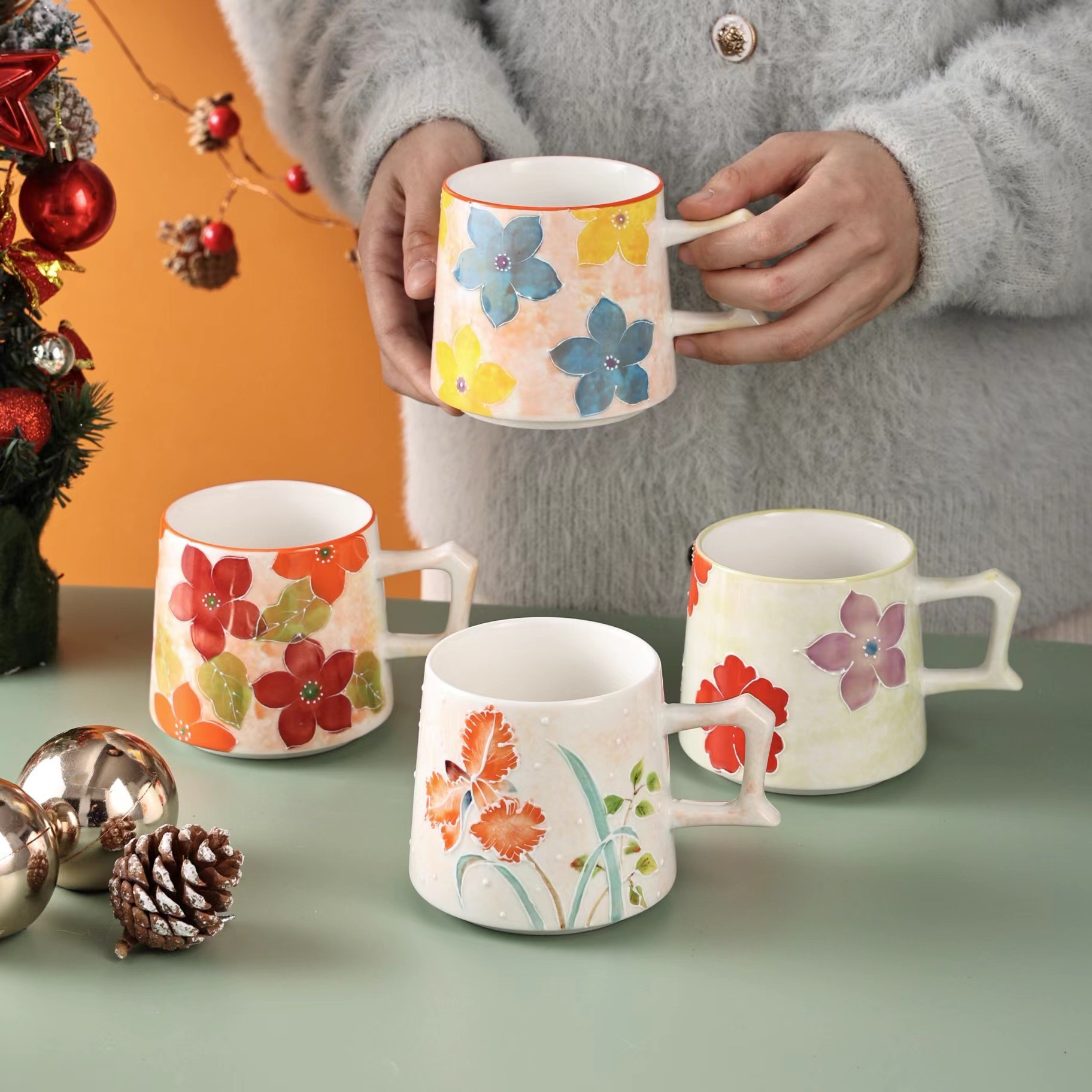 复古田园风陶瓷马克杯印花图案水杯创意咖啡杯早餐杯手绘情侣杯