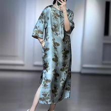 新中式复古真丝斜纹绸印花连衣裙