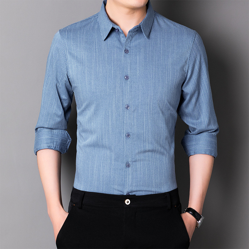 春秋长袖衬衫男士宽松大码上衣休闲中老年免烫翻领爸爸装衬衣代发
