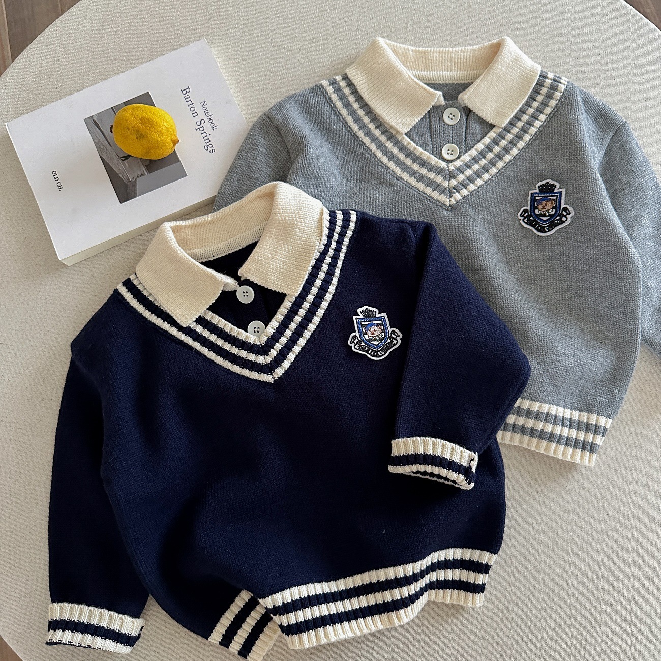 跨境新款秋冬慵懒风毛衣百搭新款男童装学院风刺绣假两件针织衫潮