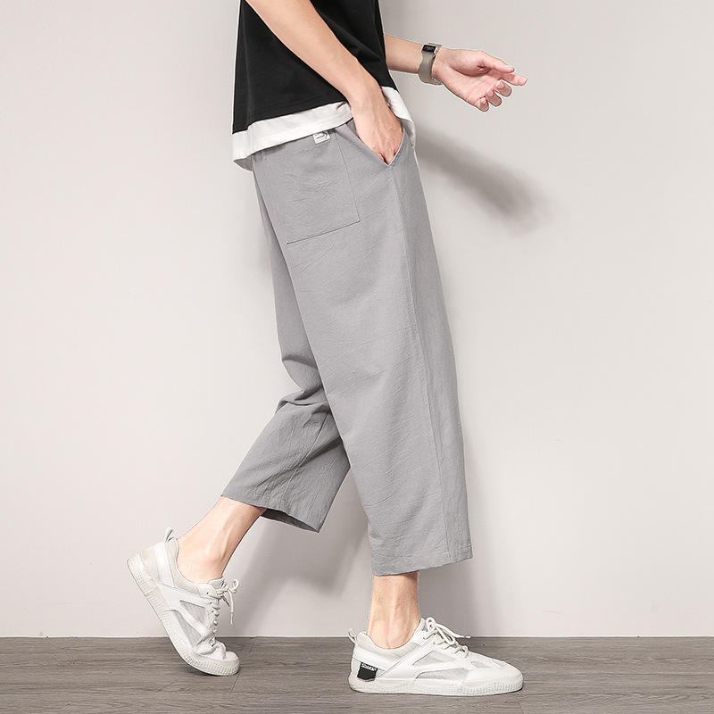 裤子男士夏季薄款棉麻八分休闲裤宽松阔腿宽松男裤直筒七分裤男