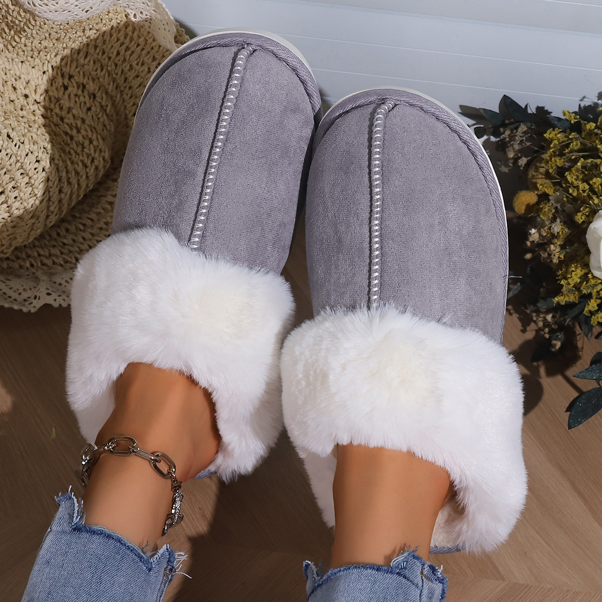 Cross-Border in Stock Spring Home Cotton Slippers Korean Simple Indoor Home Fluffy Shoes Non-Slip Thickened Cotton Slippers