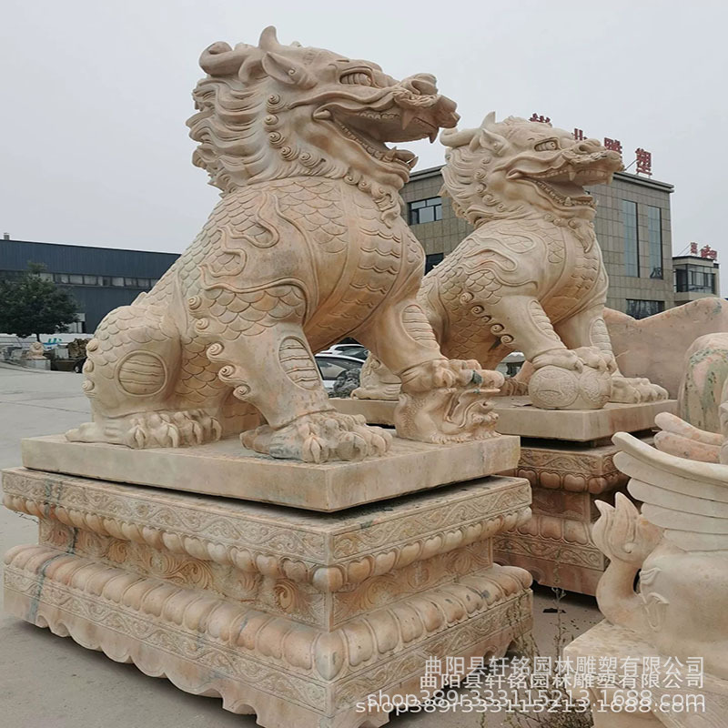 现货晚霞红石雕麒麟 一对大理石汉白玉麒麟 庭院门口瑞兽雕塑摆件